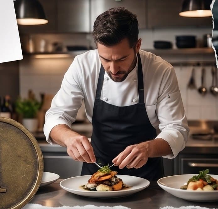 A private chef plating a dish in the kitchen